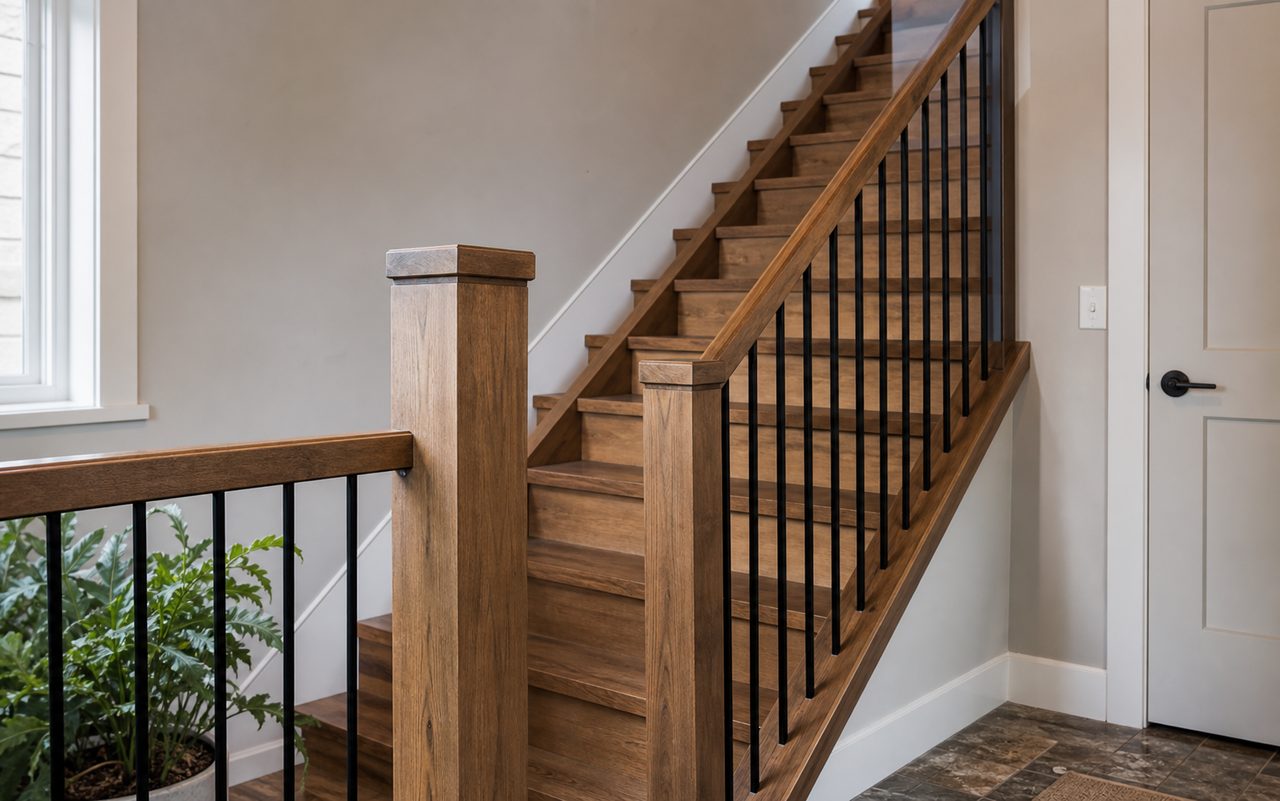 Finished wood staircase and railing