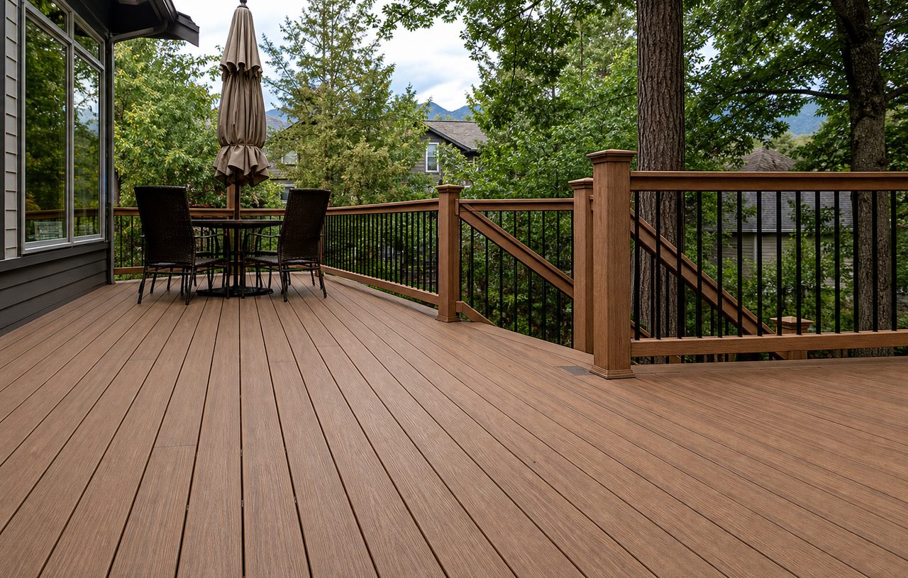 New wood deck with railing