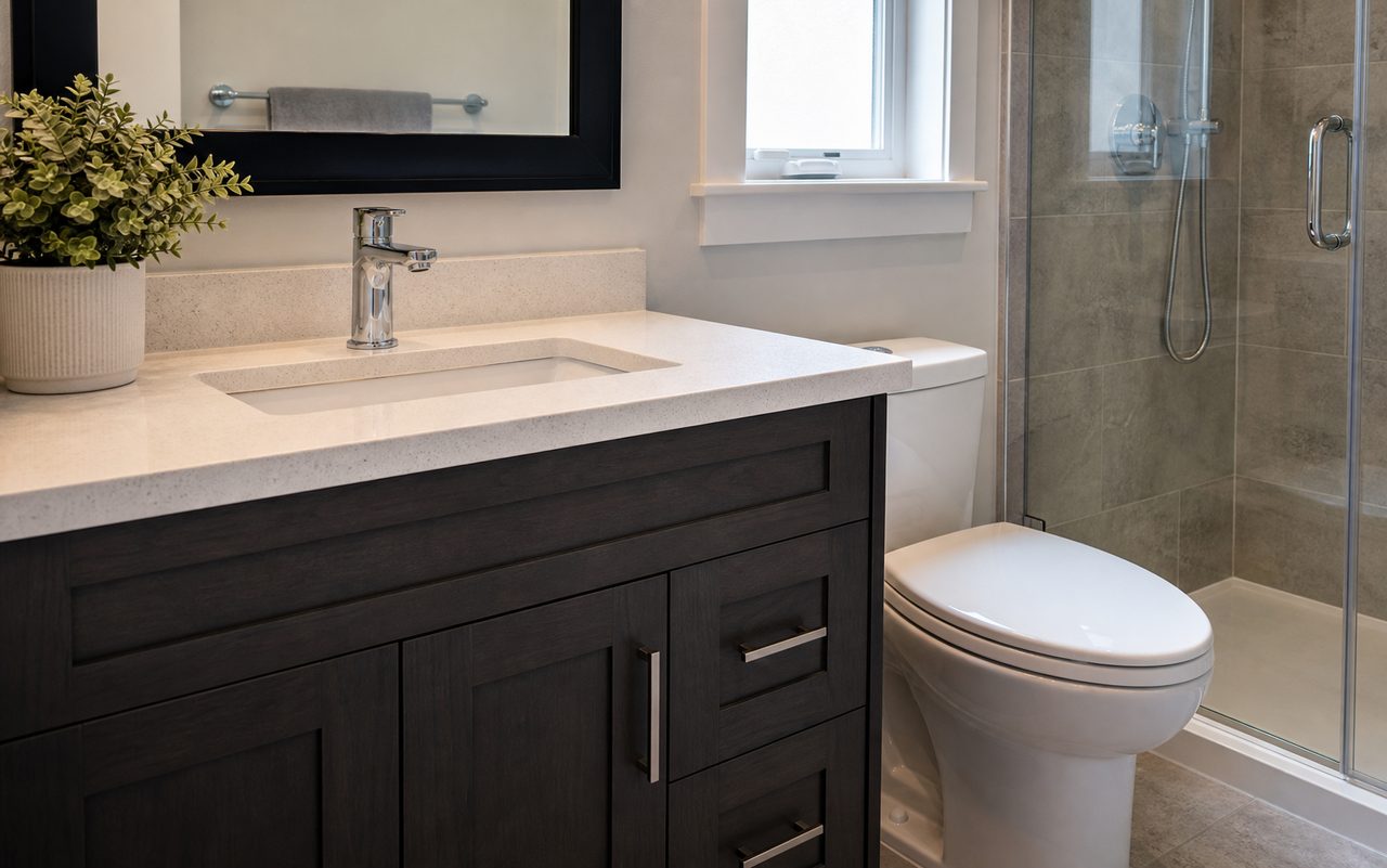 Finished bathroom vanity and fixtures
